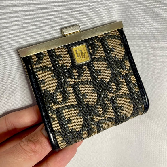 Christian Dior | vintage 80s gold & tan/navy monogram canvas mini coin clutch - Picture 1 of 8